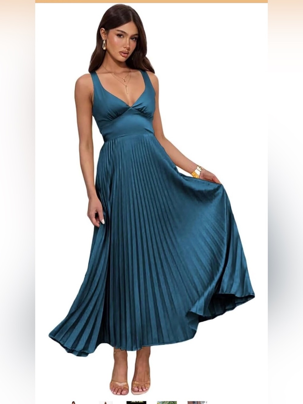 Amazon Teal Pleated V-Neck Maxi Dress